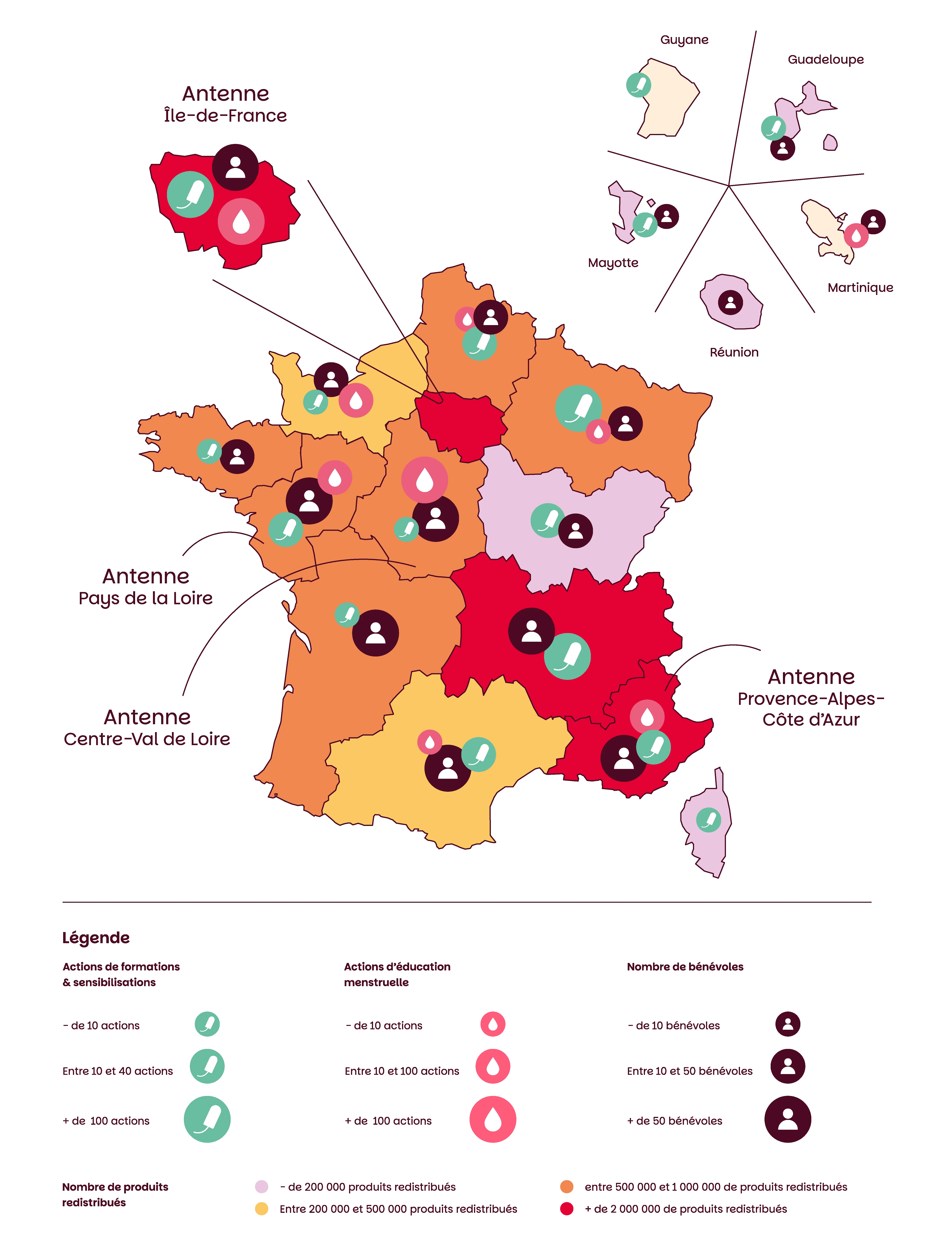 Île-de-France : plus de 2000000 de produits redistribués;
                    Auvergne-Rhône-Alpes : plus de 2000000 de produits redistribués;
                    Provence-Alpes-Côte d'Azur : plus de 2000000 de produits redistribués;
                    Hauts-de-France : entre 500000 et 1000000 de produits redistribués;
                    Grand Est : entre 500000 et 1000000 de produits redistribués;
                    Centre-Val de Loire : entre 500000 et 1000000 de produits redistribués;
                    Pays de la Loire : entre 500000 et 1000000 de produits redistribués;
                    Bretagne : entre 500000 et 1000000 de produits redistribués;
                    Nouvelle-Aquitaine : entre 500000 et 1000000 de produits redistribués;
                    Normandie : entre 200000 et 500000 produits redistribués;
                    Occitanie : entre 200000 et 500000 produits redistribués;
                    Bourgogne-Franche-Comté : moins de 200000 produits redistribués;
                    Corse : moins de 200000 produits redistribués;
                    Réunion : moins de 200000 produits redistribués;
                    Mayotte : moins de 200000 produits redistribués;
                    Guadeloupe : moins de 200000 produits redistribués;