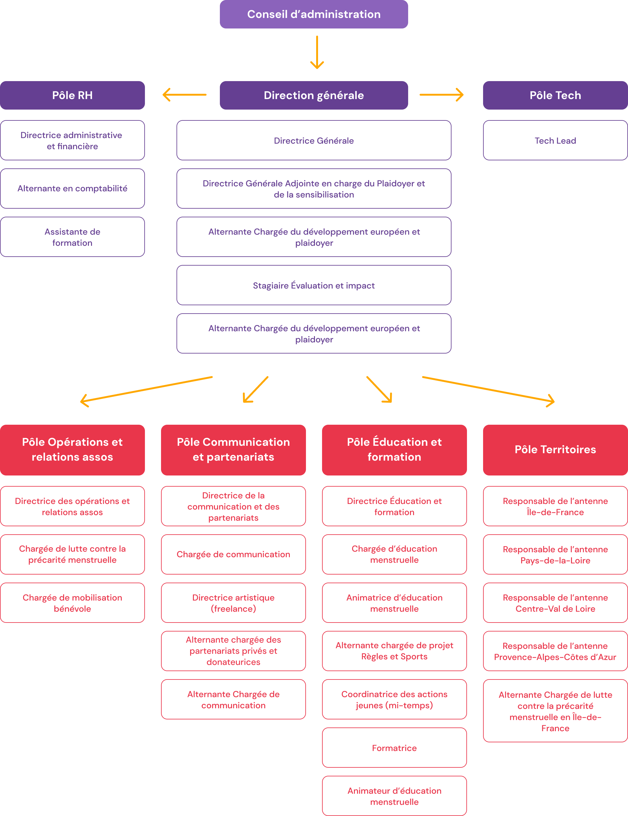 Au sommet, le conseil d'administration, puis directement sous lui, la direction générale composée de 5 postes. 2 pôles sont transverses: le pôle RH avec 3 postes et le pôle tech avec 1 poste. 4 pôles sont au coeur de l'association: le pôle opération et développement avec 3 postes; le pôle communication et partenariats avec 5 postes; le pôle éducation et formation avec 7 postes; enfin le pôle territoires avec 5 postes.