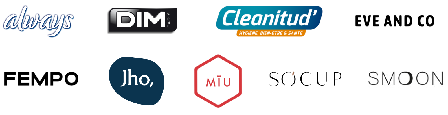 Nos 9 partenaires fabricants : Always, Dim, Cleanitud, Eva and co, Fempo, Jho, Mïu, Socup et Smoon