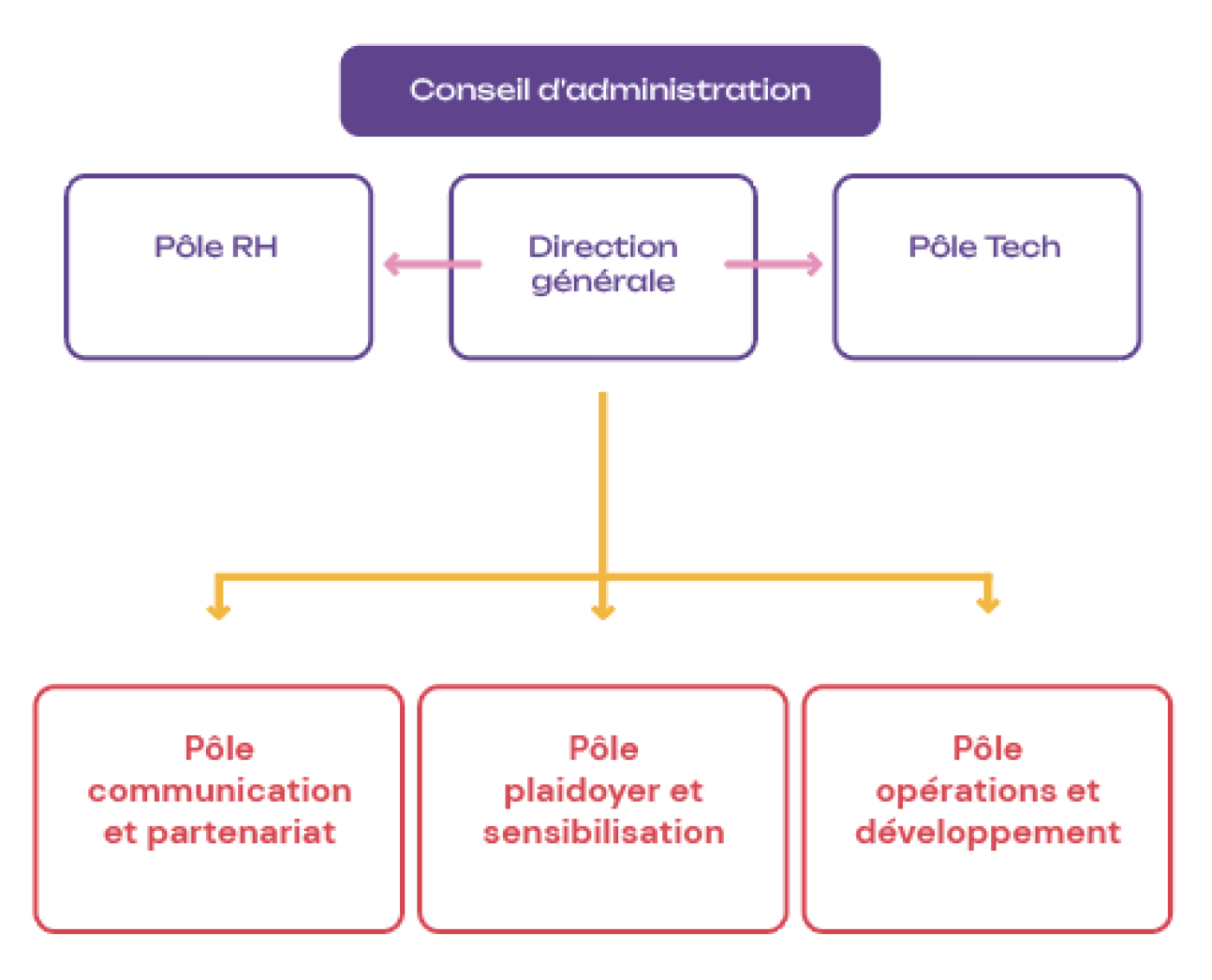 organigramme : au sommet le conseil d'adminitration; en dessous la driection générale, le pôle RH et le pôle tech; encore en-dessous se trouve le pôle communciation et partenariat, le pôle plaidoyer et sensibilisation et enfin le pôle opérations et développement